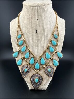 Turquoise Teardrop Statement Necklace - Gold Tone